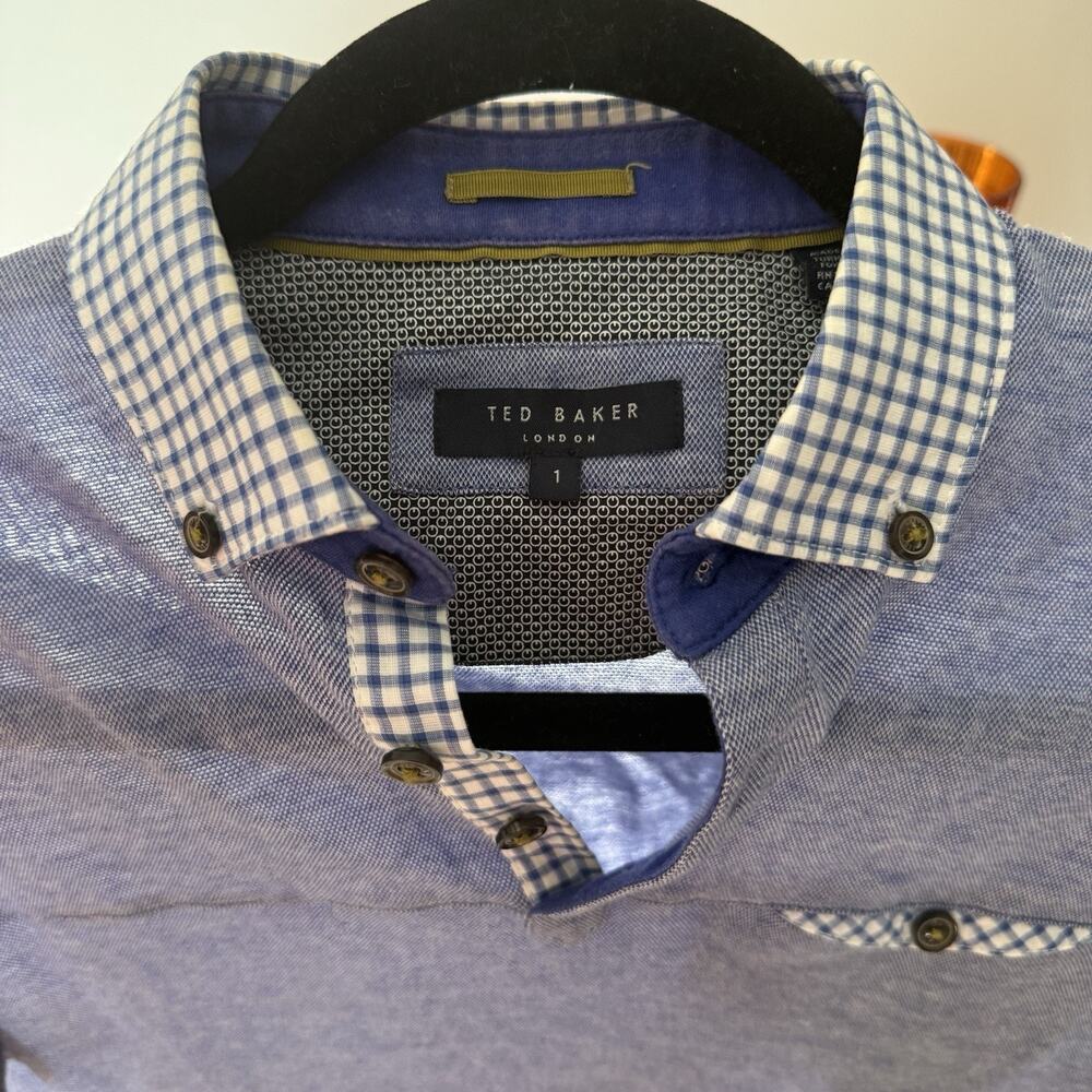 Ted Baker Men's Short Sleeve Polo Shirt Blue Check Collar Preppy Size 1